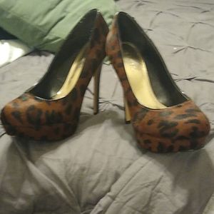 Leopard print faux fur heels